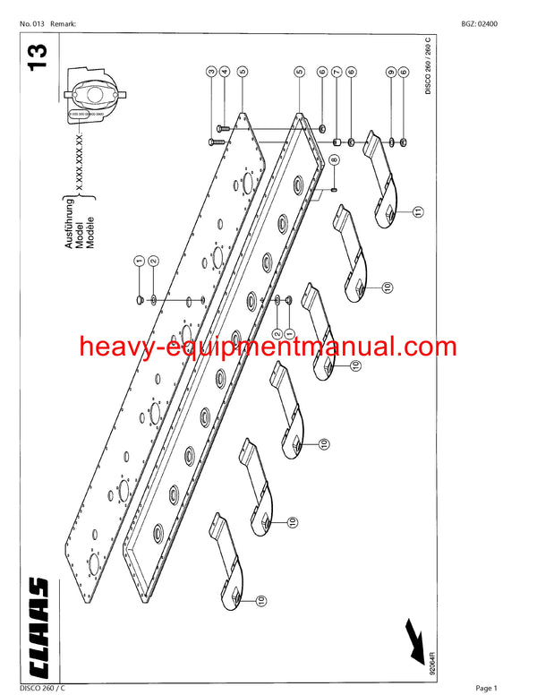 CLAAS DISCO 260 C MOWER PARTS CATALOG MANUAL SN 64201001-64299999