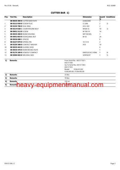 CLAAS DISCO 260 C MOWER PARTS CATALOG MANUAL SN 64301001-64399999