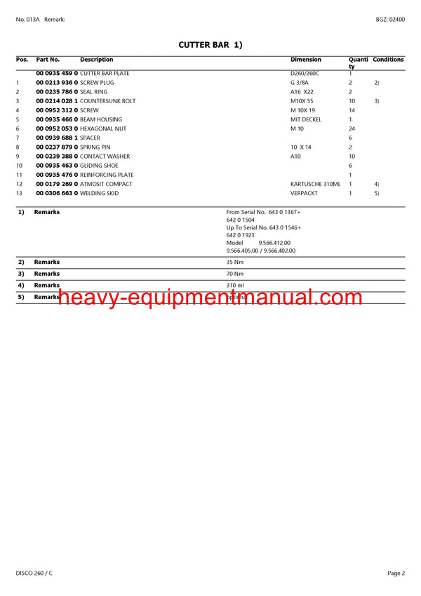 CLAAS DISCO 260 C MOWER PARTS CATALOG MANUAL SN 64301001-64399999