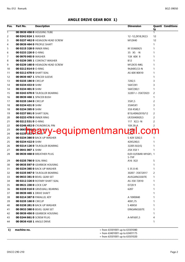 CLAAS DISCO 290-210 MOWER PARTS CATALOG MANUAL SN 63401001-63499999