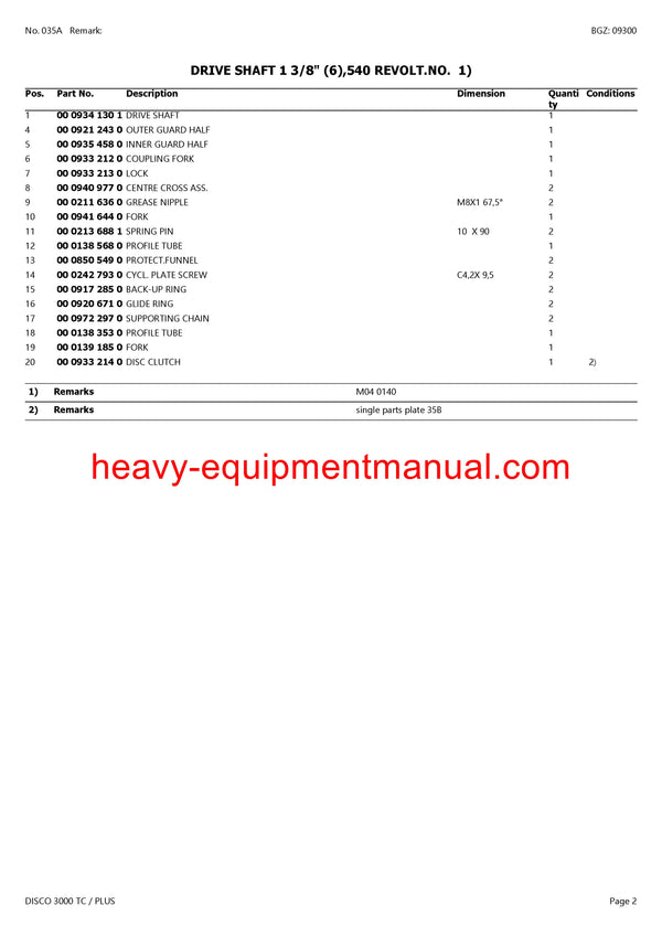 CLAAS DISCO 3000 TC PLUS MOWER PARTS CATALOG MANUAL SN 65001001-65099999