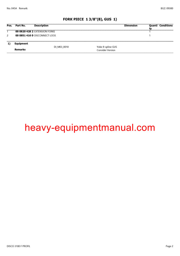 CLAAS DISCO 3100 F PROFIL MOWER PARTS CATALOG MANUAL SN 62301001-62399999