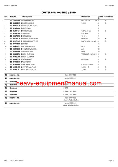 CLAAS DISCO 3500 C RC Contour MOWER PARTS CATALOG MANUAL SN 99801001-99899999