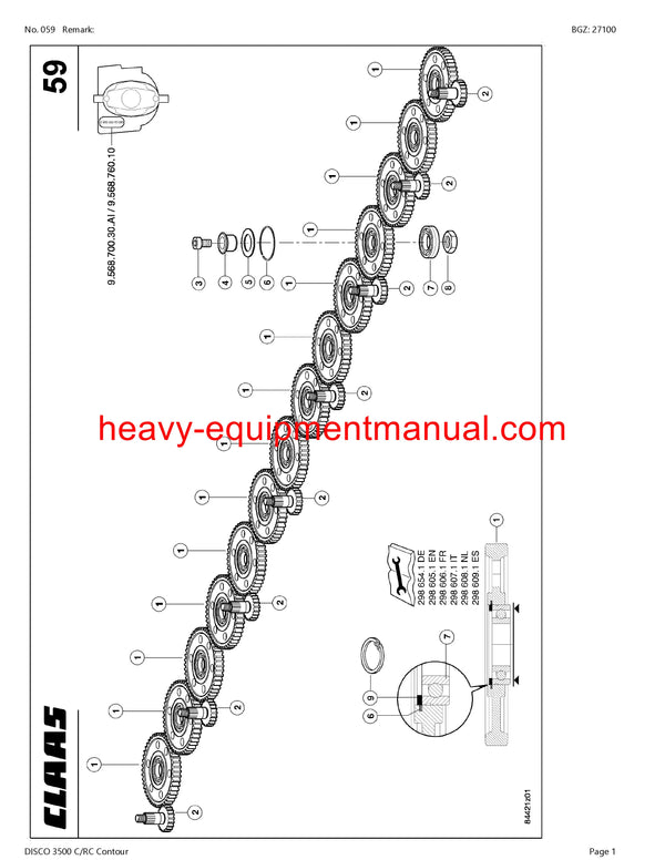 CLAAS DISCO 3500 C RC Contour MOWER PARTS CATALOG MANUAL SN 99801001-99899999