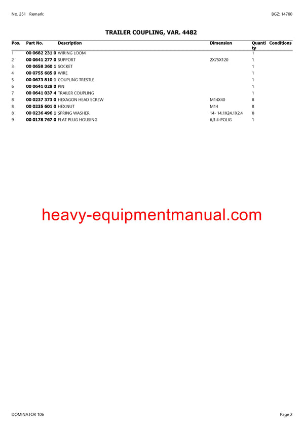 CLAAS DOMINATOR 106 COMBINE PARTS CATALOG MANUAL (SN: 14300019-14399999)
