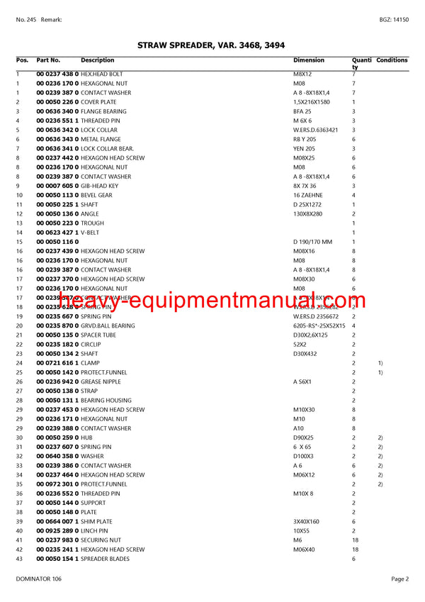 PDF Claas 106 Dominator Combine Parts Manual