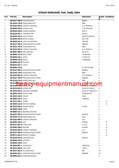 CLAAS DOMINATOR 106 COMBINE PARTS CATALOG MANUAL (SN: 09000019-09099999)