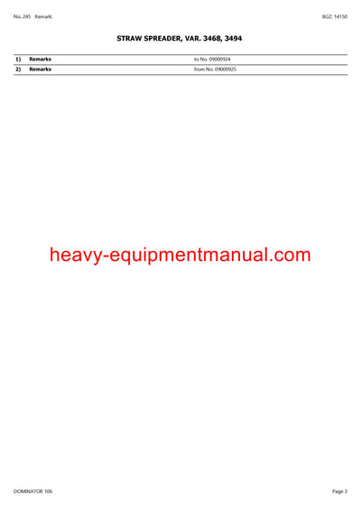 CLAAS DOMINATOR 106 COMBINE PARTS CATALOG MANUAL (SN: 09000019-09099999)