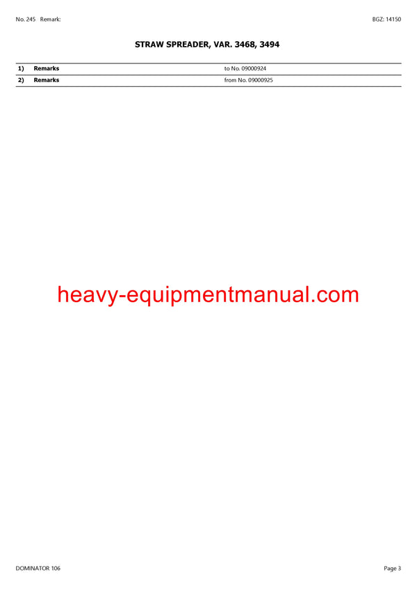 CLAAS DOMINATOR 106 COMBINE PARTS CATALOG MANUAL (SN: 14300019-14399999)