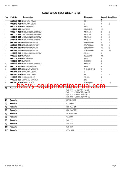 CLAAS DOMINATOR 128-108 VX COMBINE PARTS CATALOG MANUAL
