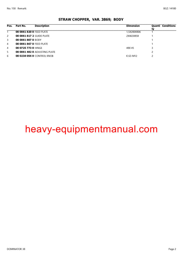 CLAAS DOMINATOR 38 COMBINE PARTS CATALOG MANUAL