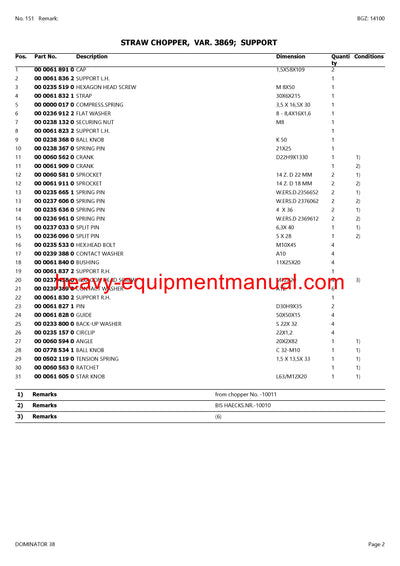CLAAS DOMINATOR 38 COMBINE PARTS CATALOG MANUAL