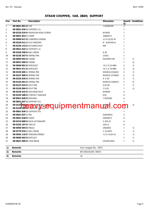 CLAAS DOMINATOR 38 COMBINE PARTS CATALOG MANUAL
