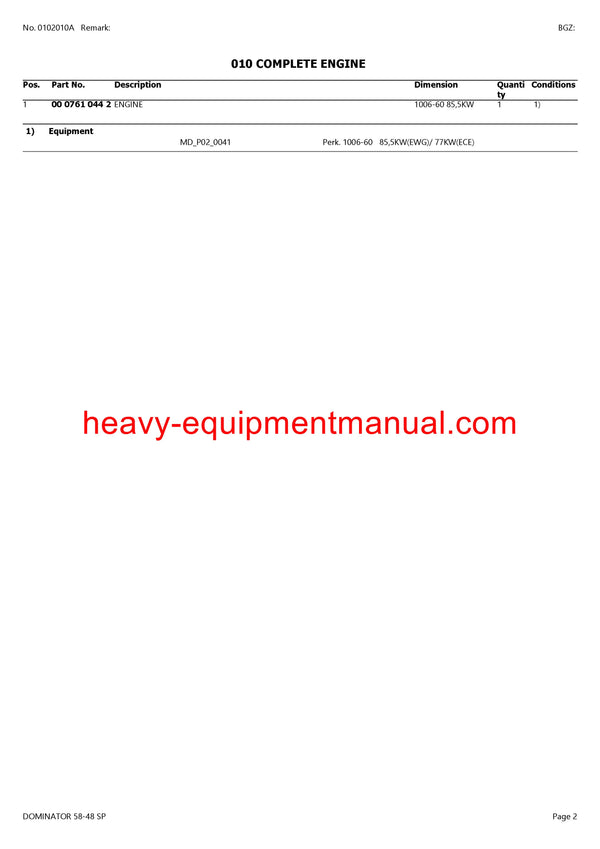 CLAAS DOMINATOR 58-48 SP COMBINE PARTS CATALOG MANUAL
