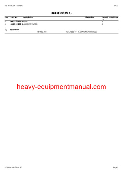 CLAAS DOMINATOR 58-48 SP COMBINE PARTS CATALOG MANUAL