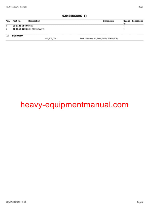CLAAS DOMINATOR 58-48 SP COMBINE PARTS CATALOG MANUAL