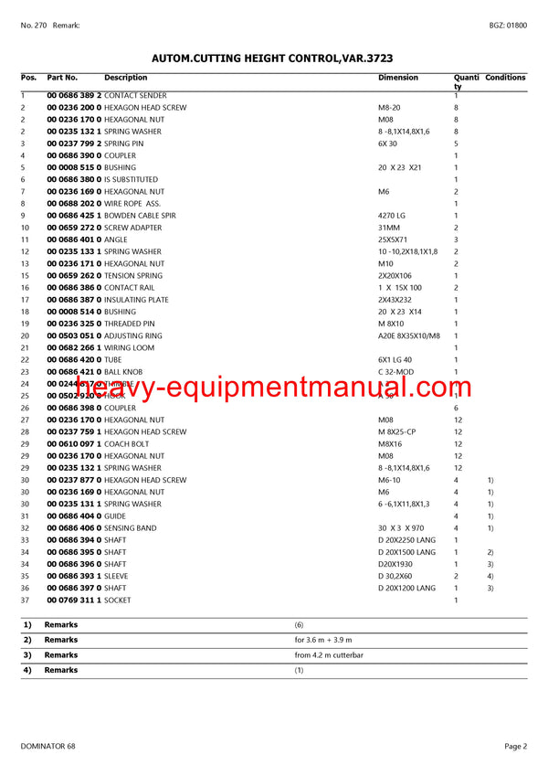CLAAS DOMINATOR 68 COMBINE PARTS CATALOG MANUAL