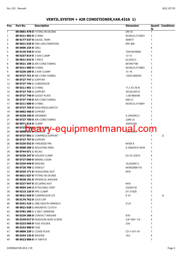 PDF Claas 68 R/SR Dominator Combine Parts Manual
