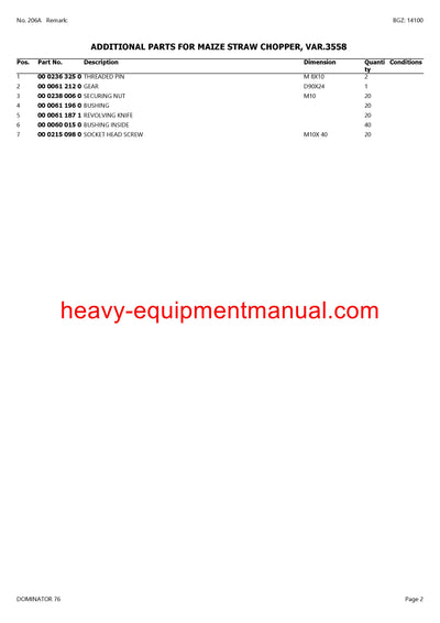 CLAAS DOMINATOR 76 COMBINE PARTS CATALOG MANUAL (SN: 13900011-13999999)