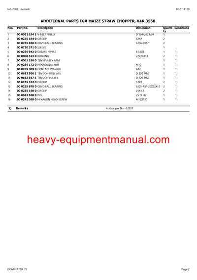 PDF Claas 76 Dominator Combine Parts Manual