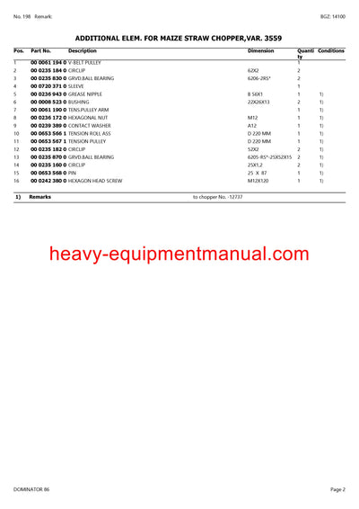 CLAAS DOMINATOR 86 COMBINE PARTS CATALOG MANUAL