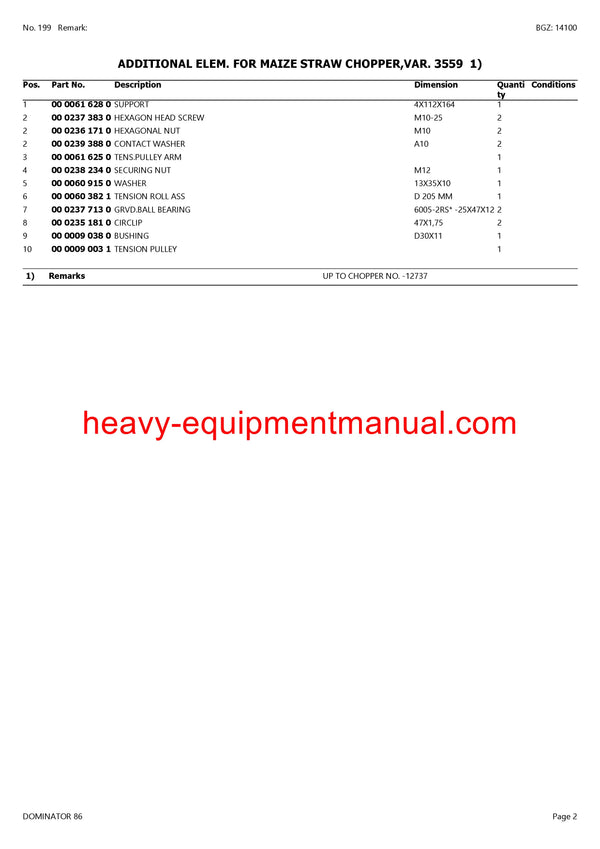 CLAAS DOMINATOR 86 COMBINE PARTS CATALOG MANUAL