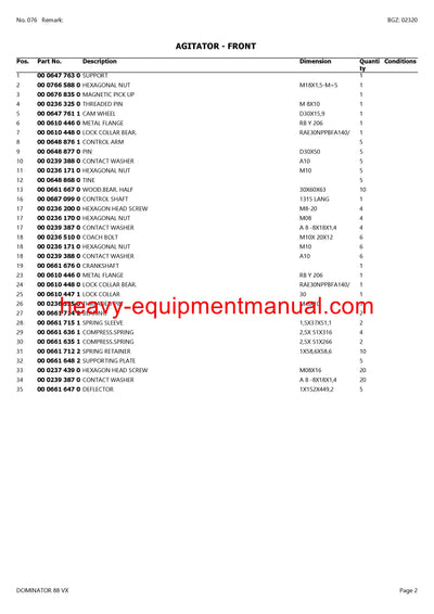 PDF Claas 88 VX Dominator Combine Parts Manual