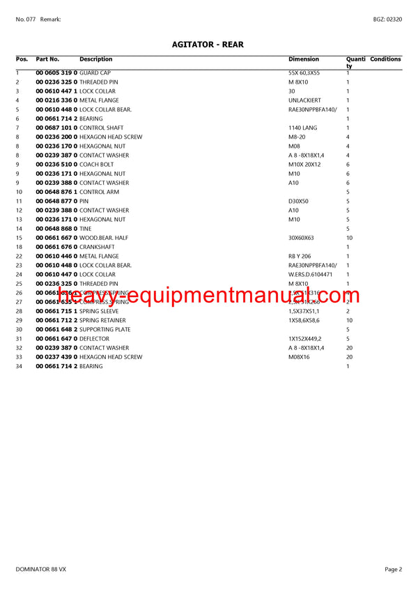 CLAAS DOMINATOR 88 VX COMBINE PARTS CATALOG MANUAL