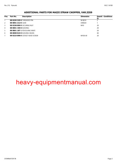 CLAAS DOMINATOR 96 COMBINE PARTS CATALOG MANUAL (SN: 08900021-08999999)