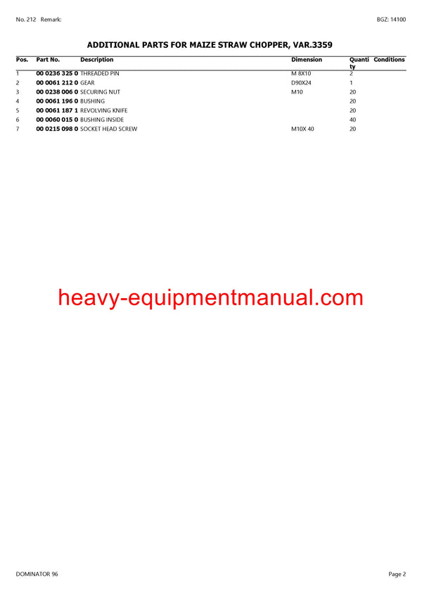CLAAS DOMINATOR 96 COMBINE PARTS CATALOG MANUAL (SN: 14000021-14099999)