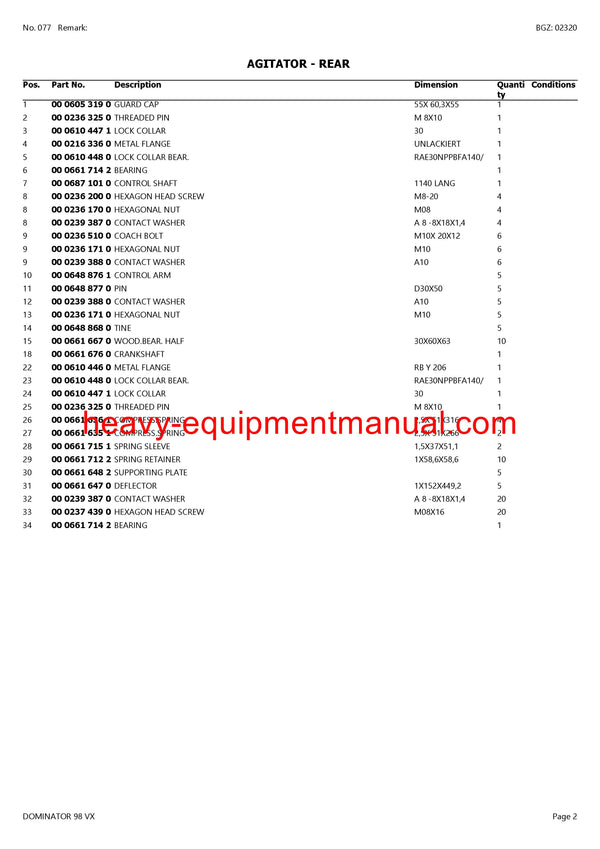 PDF Claas 98 VX Dominator Combine Parts Manual
