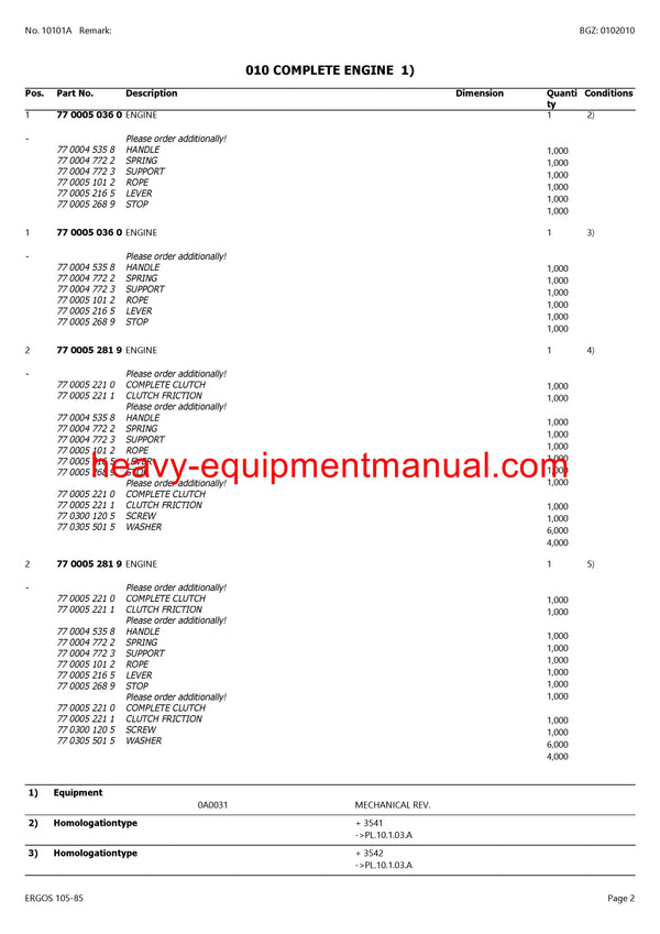 CLAAS ERGOS 105-85 TRACTOR PARTS CATALOG MANUAL SN CT72G0050 - CT72G0404