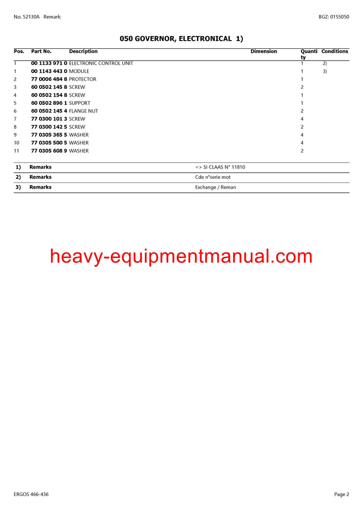 CLAAS ERGOS 466-436 TRACTOR PARTS CATALOG MANUAL SN CT52G3001 - CT52G9999