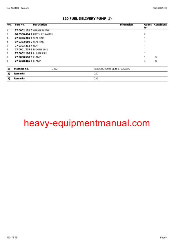 CLAAS HISTORIC 174-74 TZ TRACTOR PARTS CATALOG MANUAL SN CT52K0001 - CT52K0199