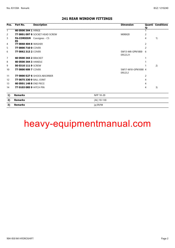 CLAAS HISTORIC 904-850 MI HYDROSHIFT TRACTOR PARTS CATALOG MANUAL SN CT7470001 - CT7470061