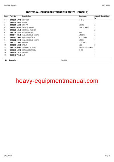 CLAAS JAGUAR 61 FORAGE HARVESTER PARTS CATALOG MANUAL