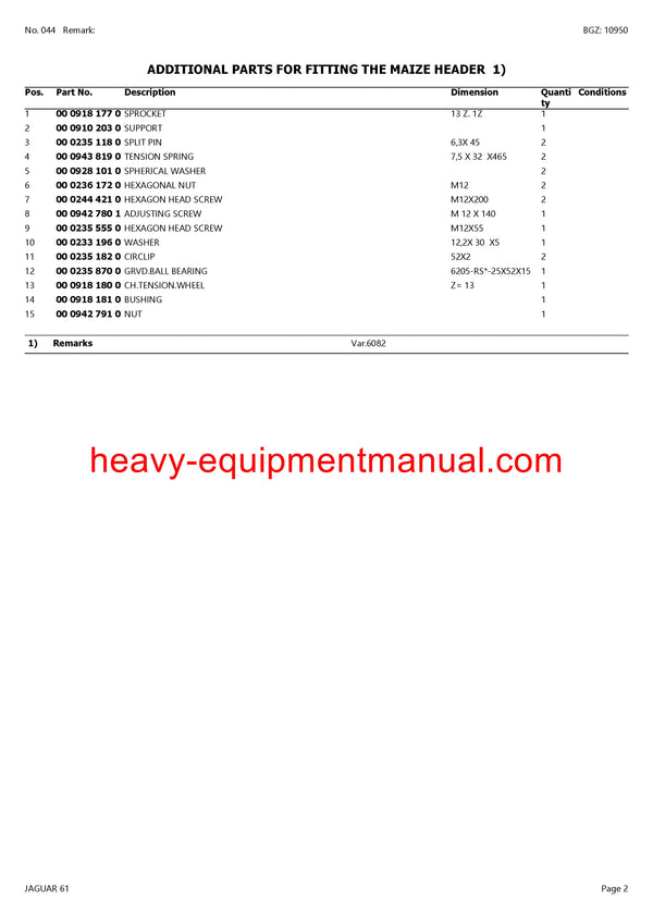 CLAAS JAGUAR 61 FORAGE HARVESTER PARTS CATALOG MANUAL