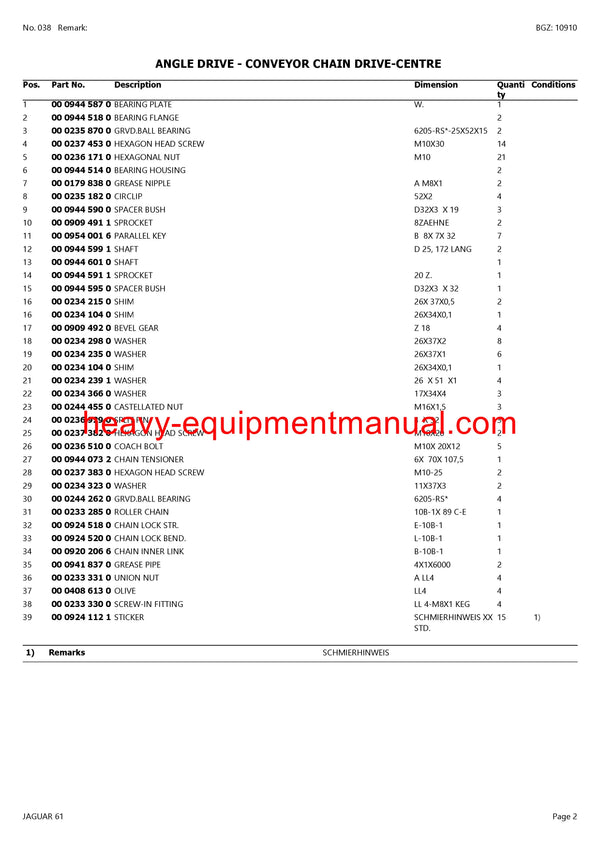 CLAAS JAGUAR 61 FORAGE HARVESTER PARTS CATALOG MANUAL
