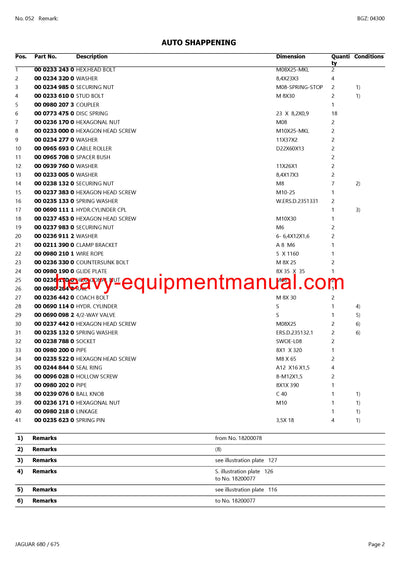 CLAAS JAGUAR 680 675 FORAGE HARVESTER PARTS CATALOG MANUAL (SN: 18200011-18299999)