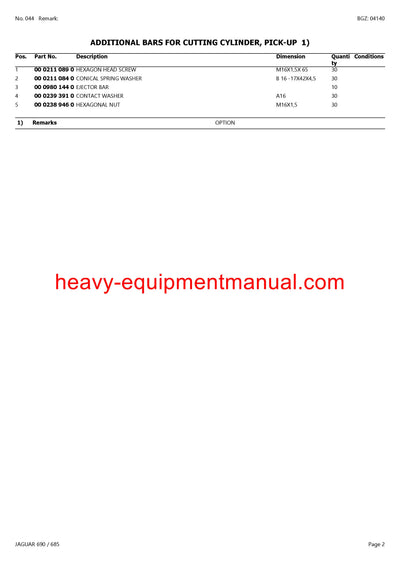 CLAAS JAGUAR 690 685 FORAGE HARVESTER PARTS CATALOG MANUAL (SN: 18300011-18399999)