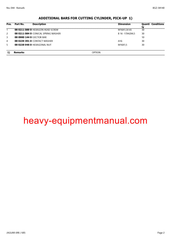 CLAAS JAGUAR 690 685 FORAGE HARVESTER PARTS CATALOG MANUAL (SN: 18100016-18199999)
