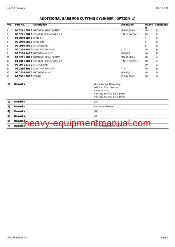 CLAAS JAGUAR 695-685 SL FORAGE HARVESTER PARTS CATALOG MANUAL (SN: 18700001-18799999)