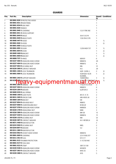 CLAAS JAGUAR 75 71 FORAGE HARVESTER PARTS CATALOG MANUAL (SN: 17101011-17199999)