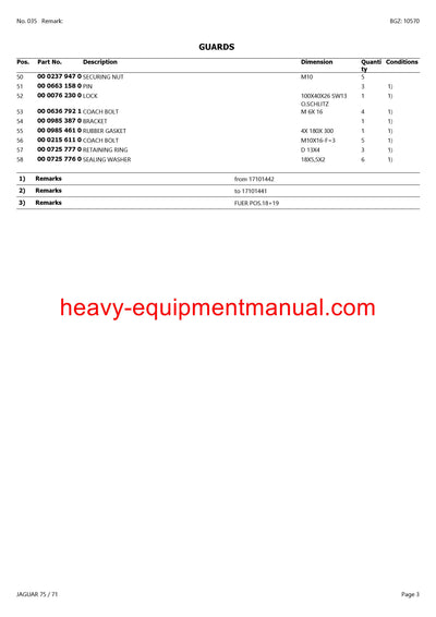 CLAAS JAGUAR 75 71 FORAGE HARVESTER PARTS CATALOG MANUAL (SN: 17101011-17199999)
