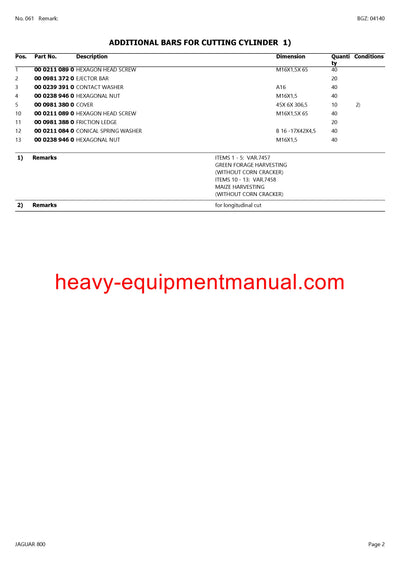 CLAAS JAGUAR 800 FORAGE HARVESTER PARTS CATALOG MANUAL