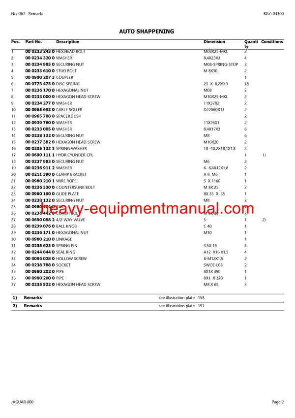 CLAAS JAGUAR 800 FORAGE HARVESTER PARTS CATALOG MANUAL