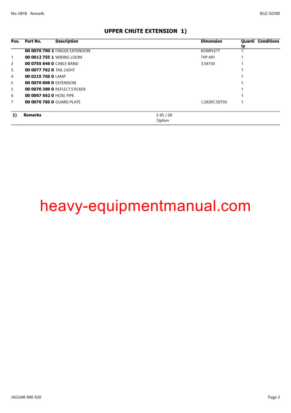 CLAAS JAGUAR 840-820 FORAGE HARVESTER PARTS CATALOG MANUAL (SN: 49100011-49199999)