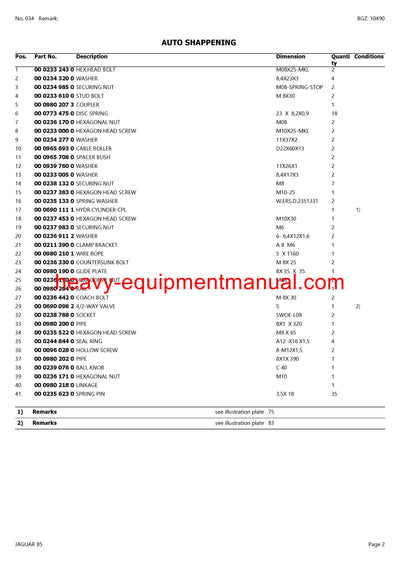 CLAAS JAGUAR 85 FORAGE HARVESTER PARTS CATALOG MANUAL