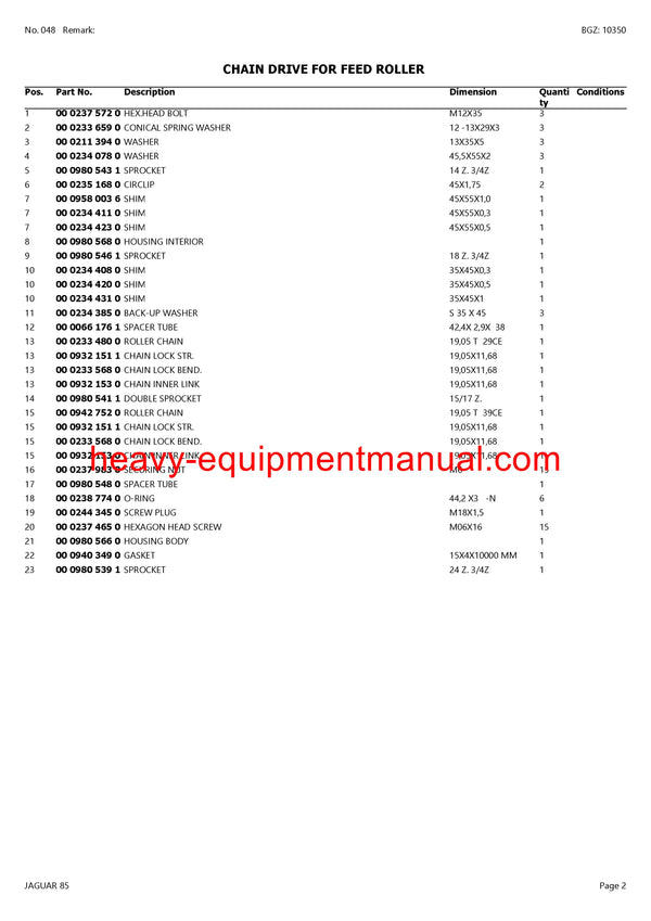CLAAS JAGUAR 85 FORAGE HARVESTER PARTS CATALOG MANUAL