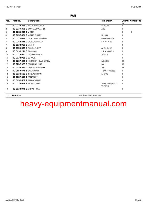 PDF Claas 8700/ 8550 Jaguar Forage Harvester Parts Manual